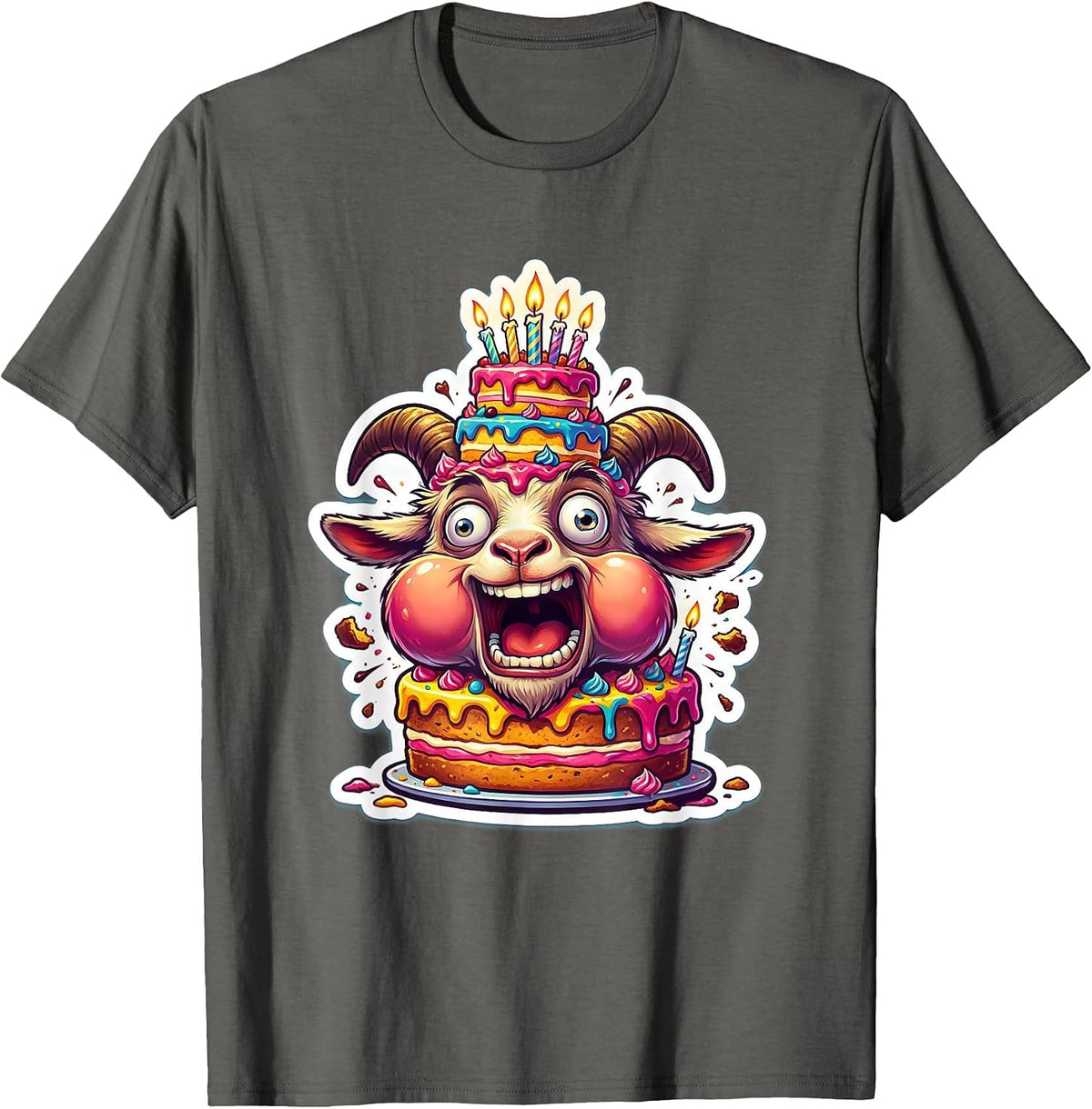 Men's Funny Goat Eating Birthday Cake Illustration T-Shirt - Asphalt Grey
