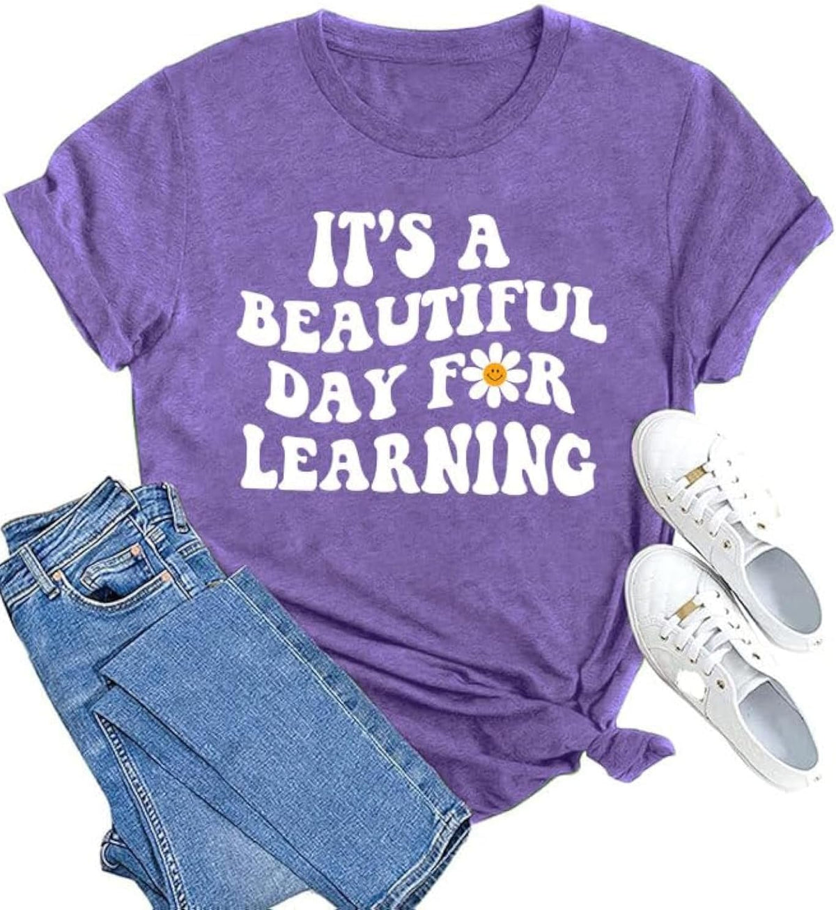 Women Teacher Life Shirt Teacher Gift Short Sleeve Shirts It s a Beautiful Day for Learning T-Shirt - Purple