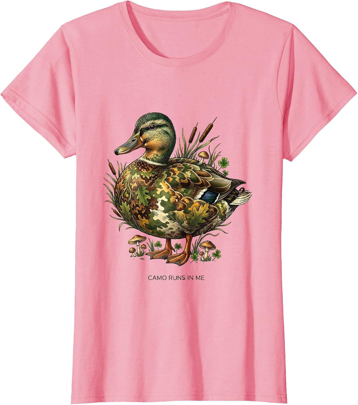 Women's Camo Runs In Me Duck Hunting Design T-Shirt - Pink