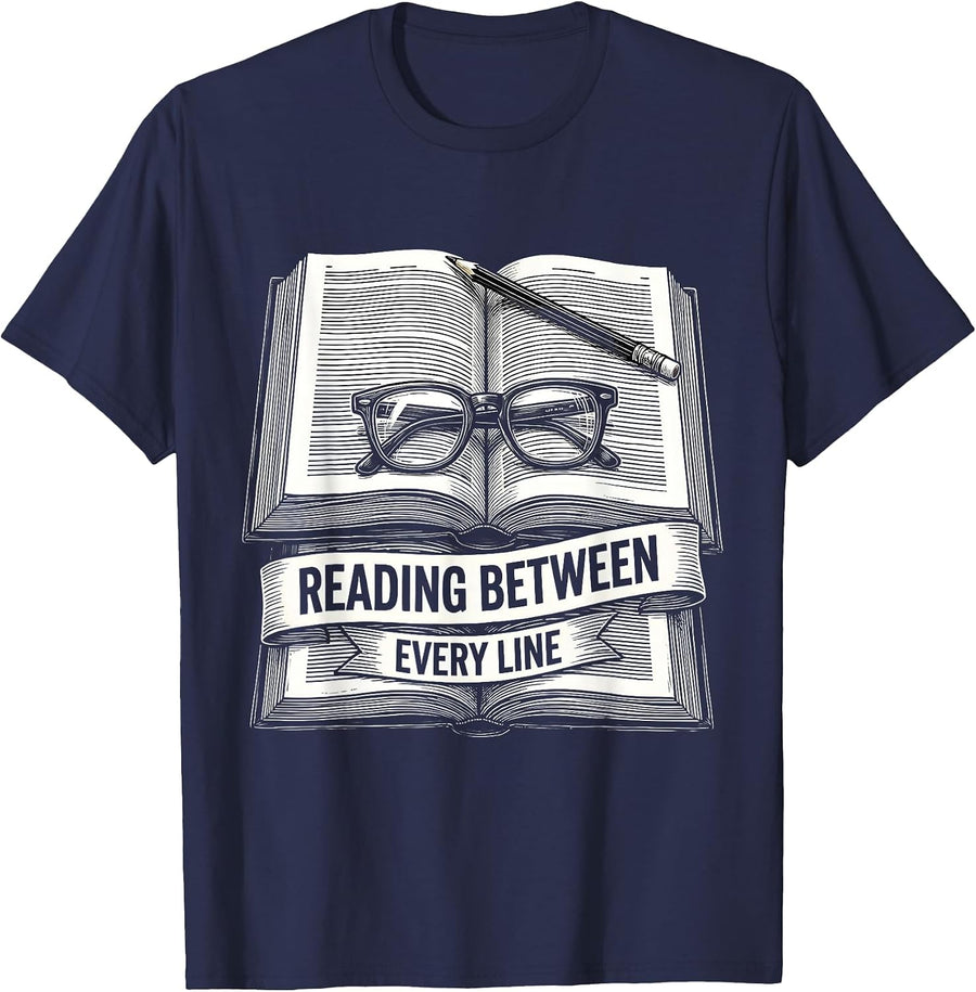 Reading Between Every Line English Teacher Design T-Shirt - Navy Blue