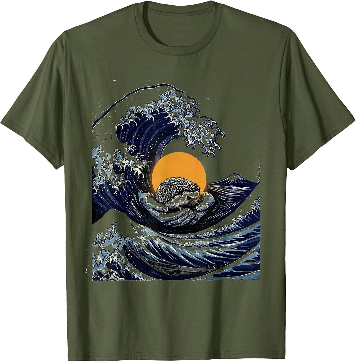 Men's Wave Hedgehog Japanese Art Animal Humor T-Shirt - Olive Green