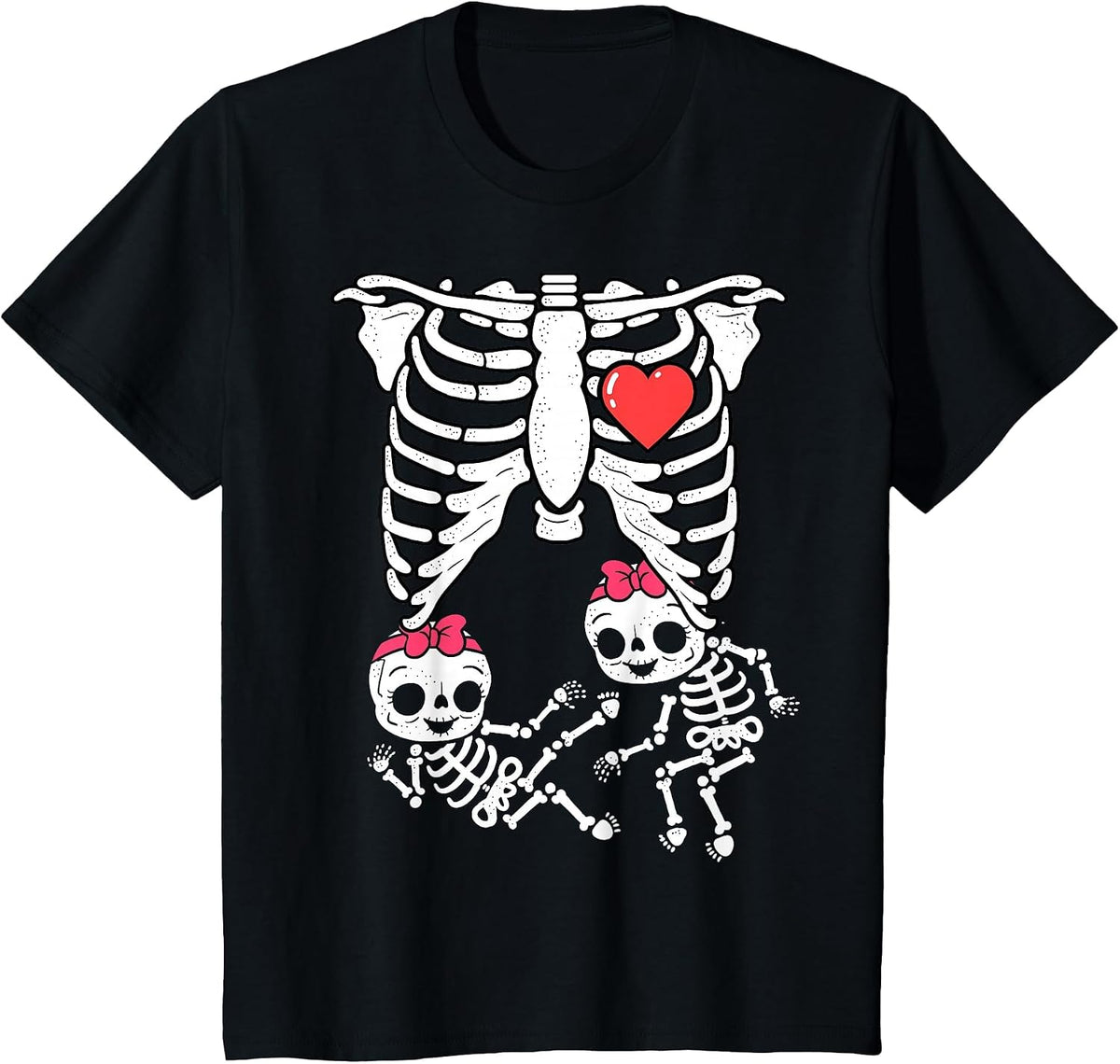 Skeleton Pregnancy Shirt Girl Twins X-Ray Pregnant Halloween T-Shirt - Black