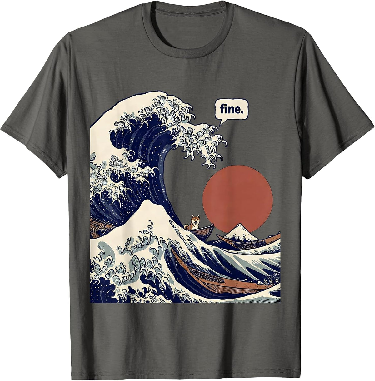fine Monumental Woodcut Engraving Animal Surfing Great Wave T-Shirt - Asphalt Grey