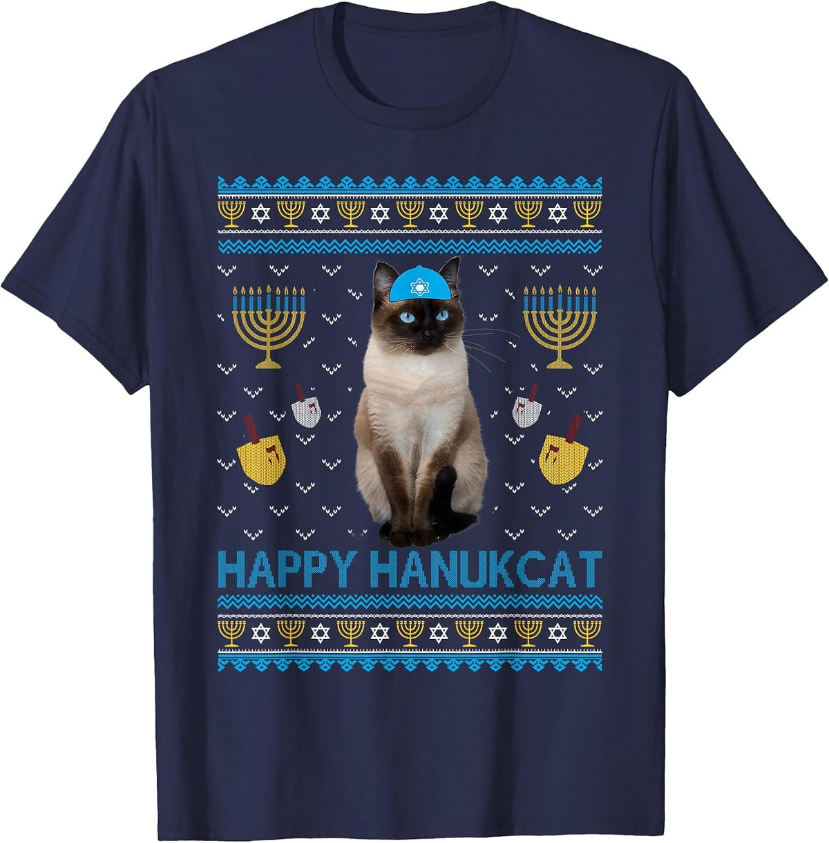 Cute Happy Hanukcat Jewish Siamese Cat Ugly Hanukkah Sweater T-Shirt - Navy Blue