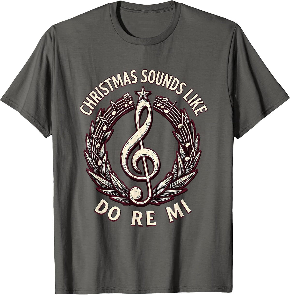 Christmas Sounds Like Do Re Mi Linocut Music Teacher Treble T-Shirt - Asphalt Grey