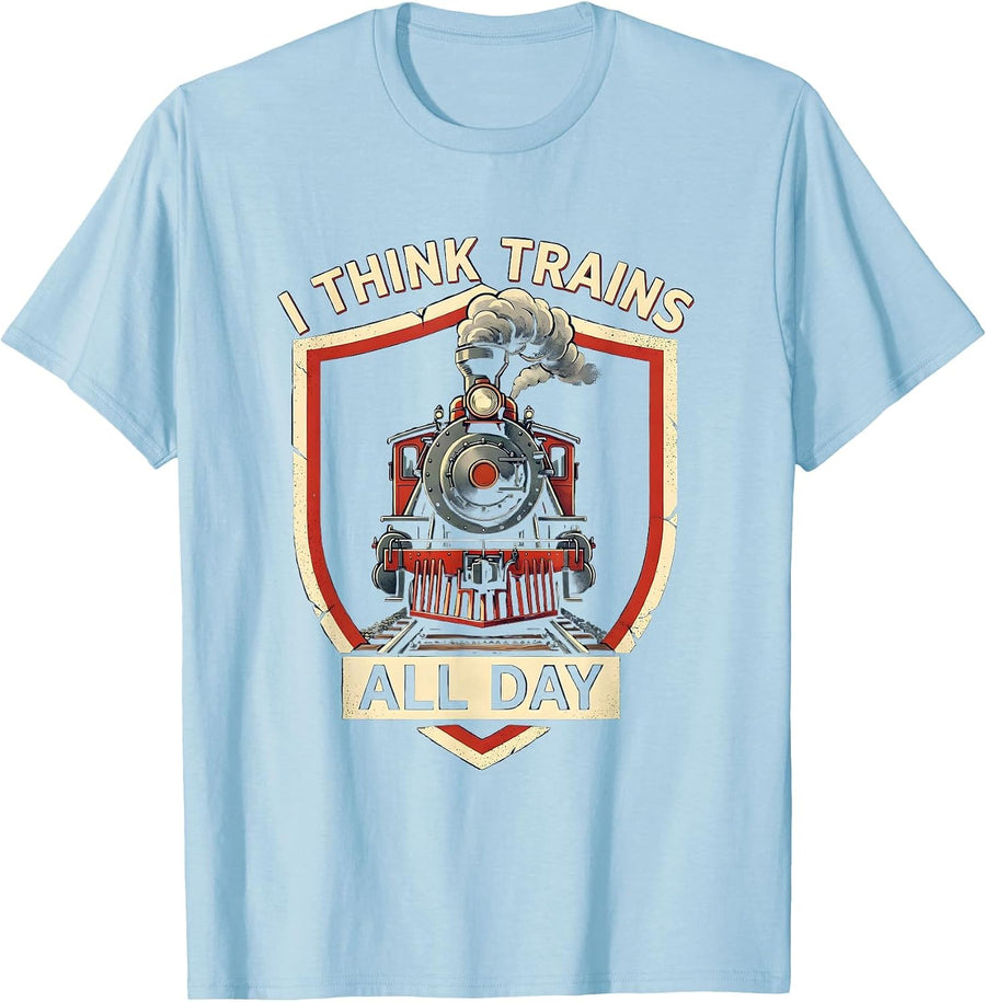 Men's I Think Trains All Day Funny Steam Locomotive Train T-Shirt - Baby Blue