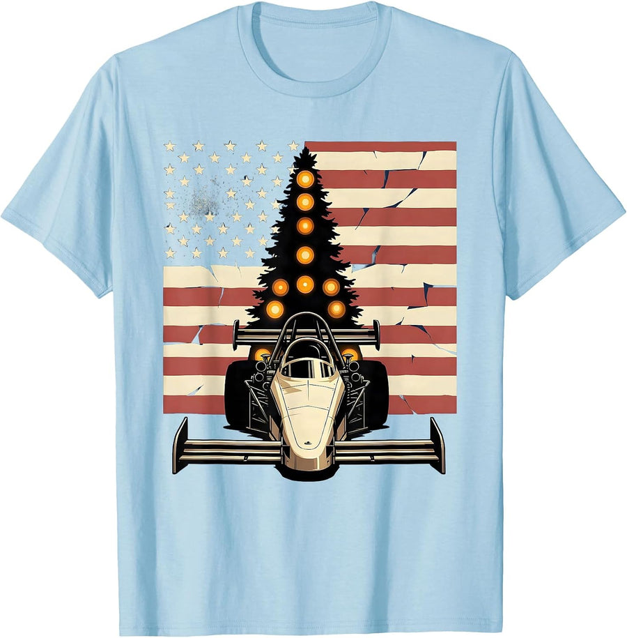 Men's Drag Strip Starting Gate American Flag Racing Enthusiast T-Shirt - Baby Blue