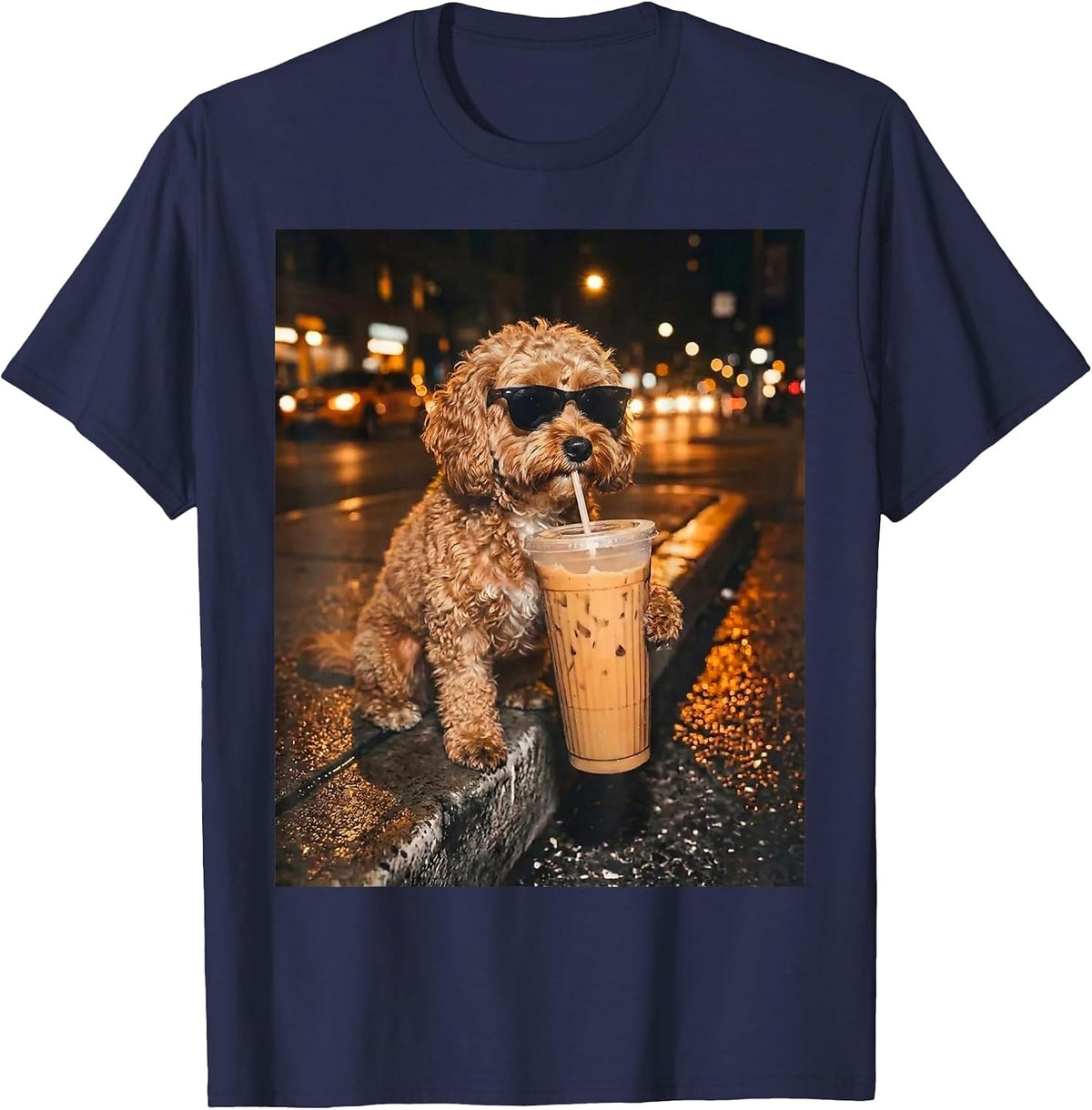 Cavapoo Drinking Iced Coffee Funny Dog Lover Animal Meme T-Shirt - Navy Blue