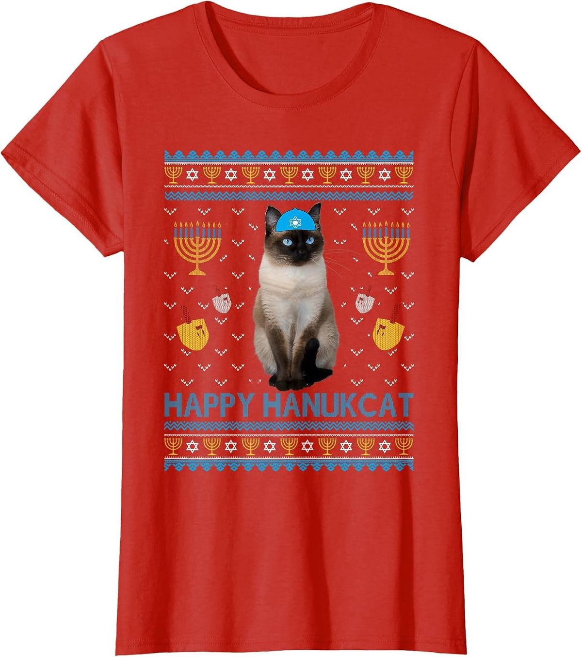 Cute Happy Hanukcat Jewish Siamese Cat Ugly Hanukkah Sweater T-Shirt - Red