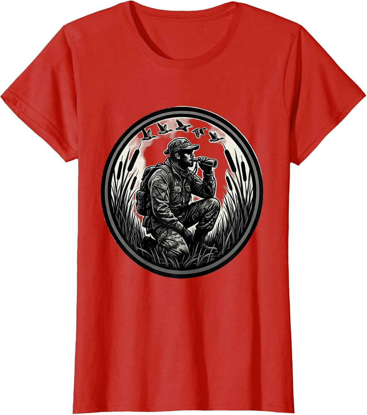 Duck Hunter Camo Waterfowl Calling Illustration T-Shirt - Red