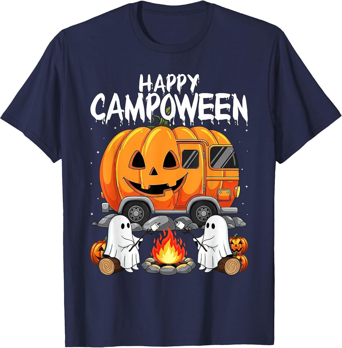 Happy Camp-O-Ween Halloween Camping Ghosts and Campfires T-Shirt - Navy Blue