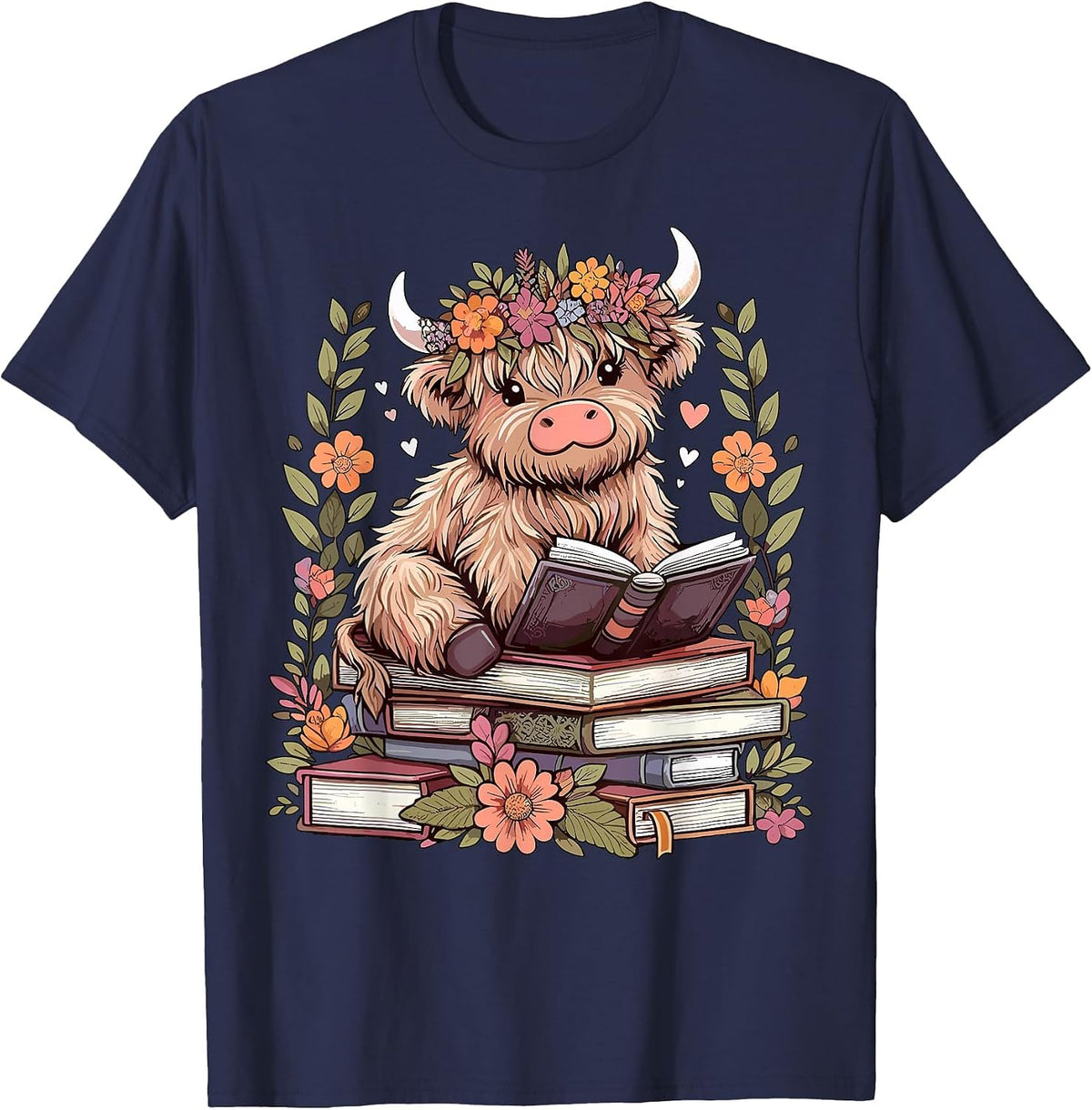Cute Baby Highland Cow Reading Book Bookworm T-Shirt - Navy Blue