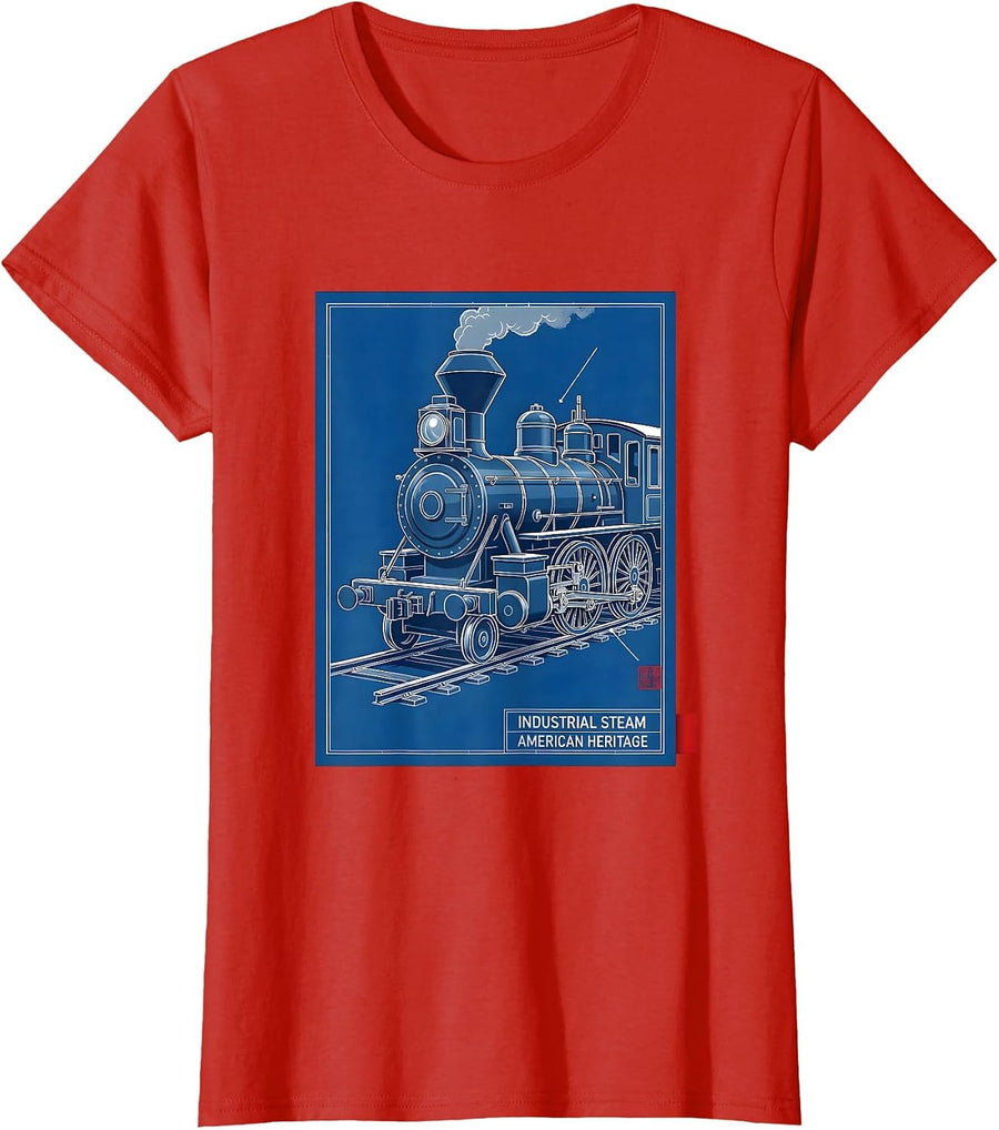 Women's Industrial Steam American Heritage Steam Locomotive Train T-Shirt - Red