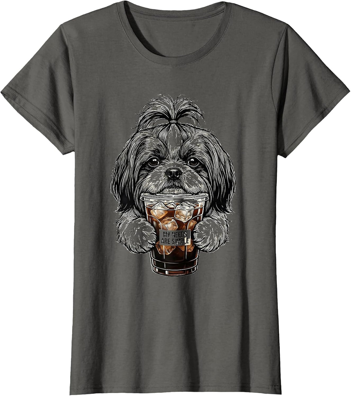 Women's My Needs Are Simple Funny Shih Tzu Dog Lover Iced Coffee T-Shirt - Asphalt Grey