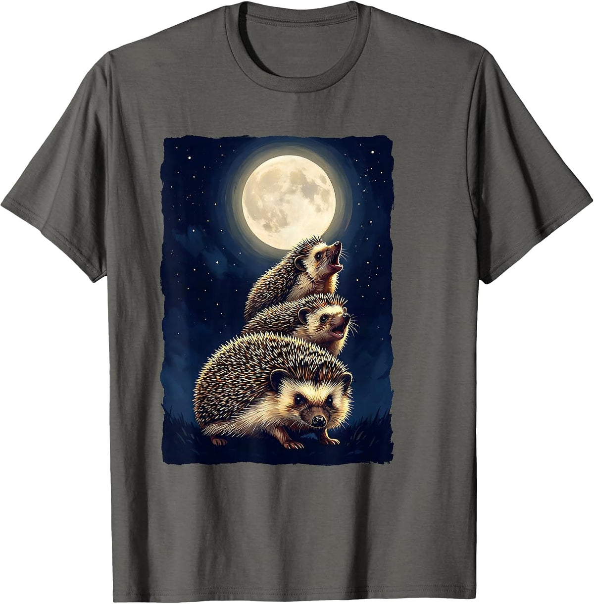 Three Hedgehogs Howling At Moon Funny Animal Meme Parody T-Shirt - Asphalt Grey