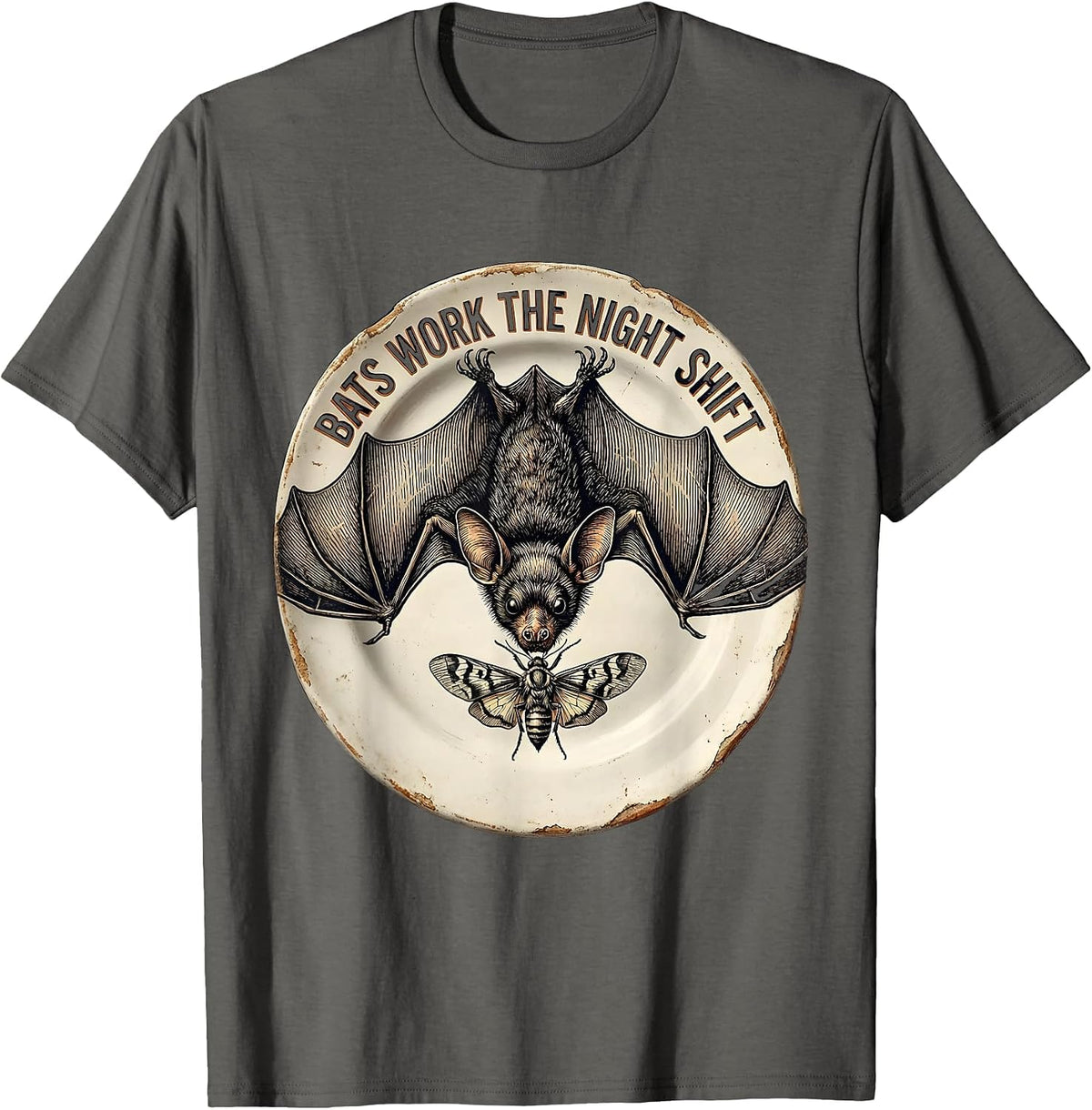 Men's Bats Work The Night Shift Vintage Bat Lover Halloween Humor T-Shirt - Asphalt Grey