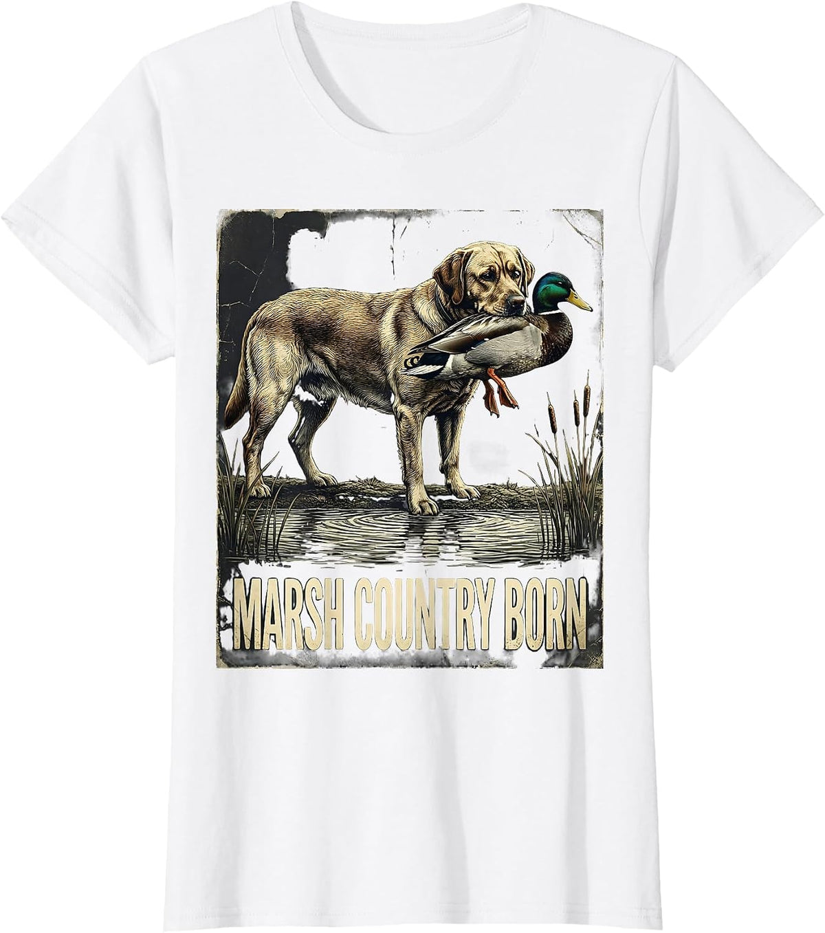 Women's Marsh Country Born Distressed Labrador Duck Hunting Youth T-Shirt - White