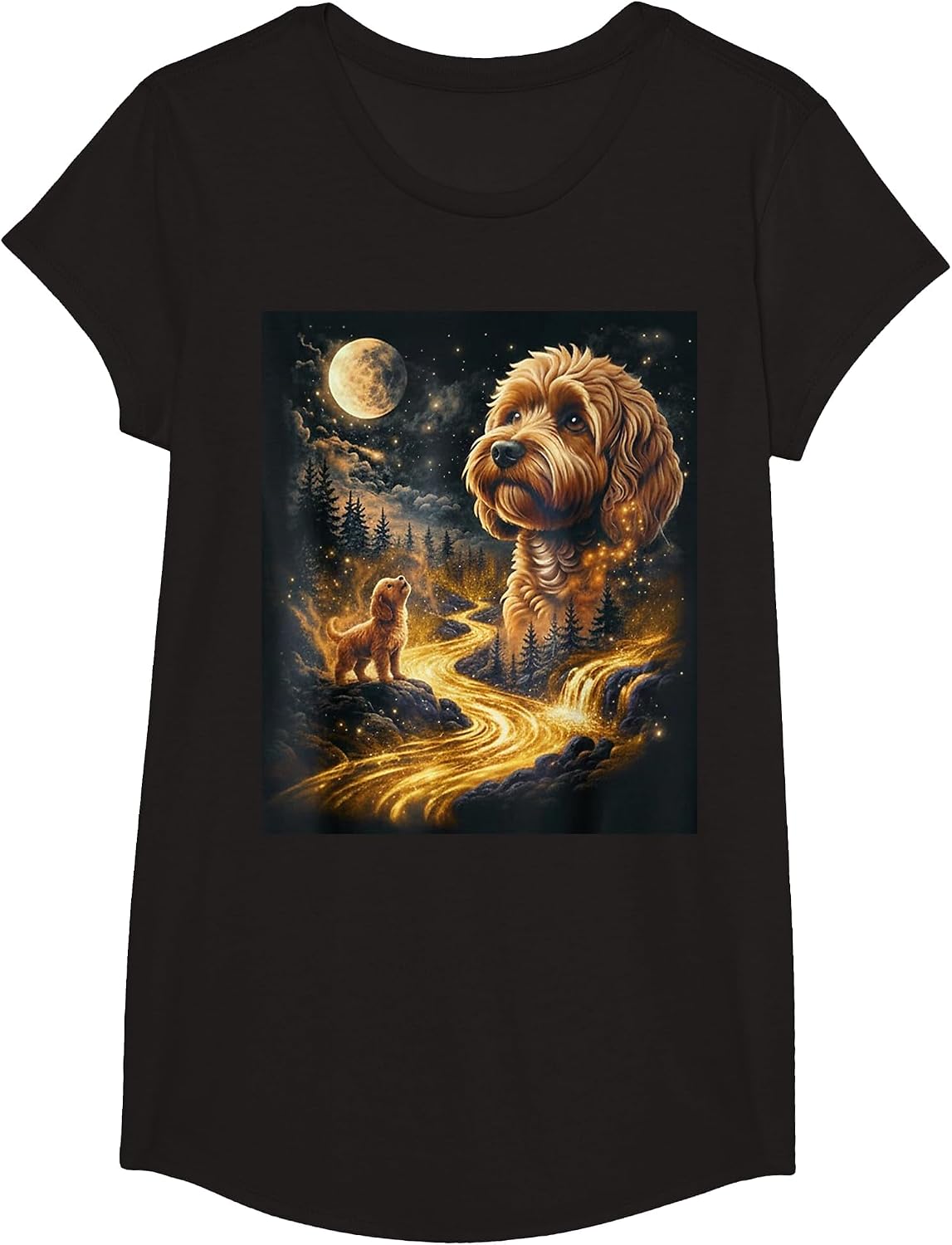 Cavapoo Howling to The Moon Retro Animal Vintage 90s T-Shirt - Girls Black
