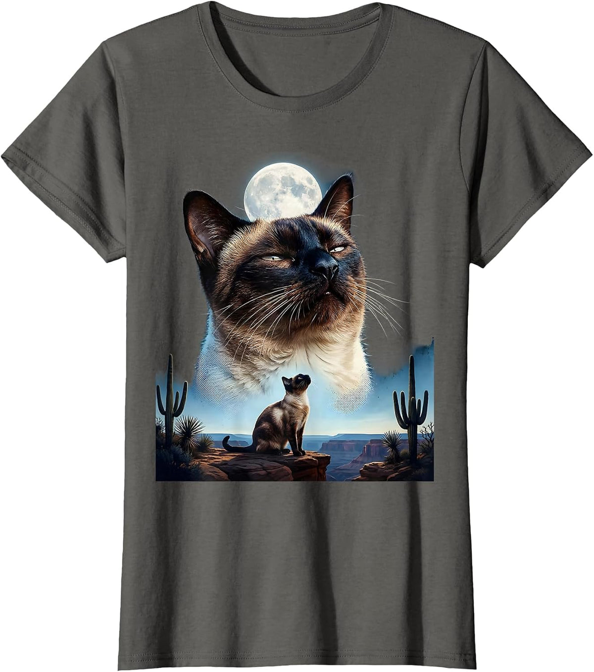 Women's Siamese Cat Howling at Moon 90's Retro T-Shirt - Asphalt Grey