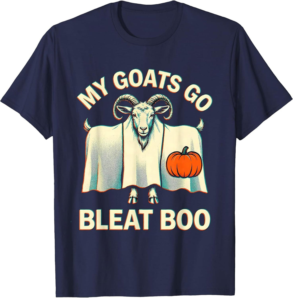 My Goats Go Bleat Boo Risograph Halloween Goat Farmer Funny T-Shirt - Navy Blue