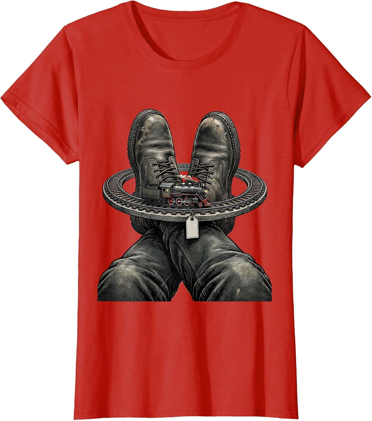 Women's Work Boots Steam Train Locomotive Train Enthusiast Humor T-Shirt - Red