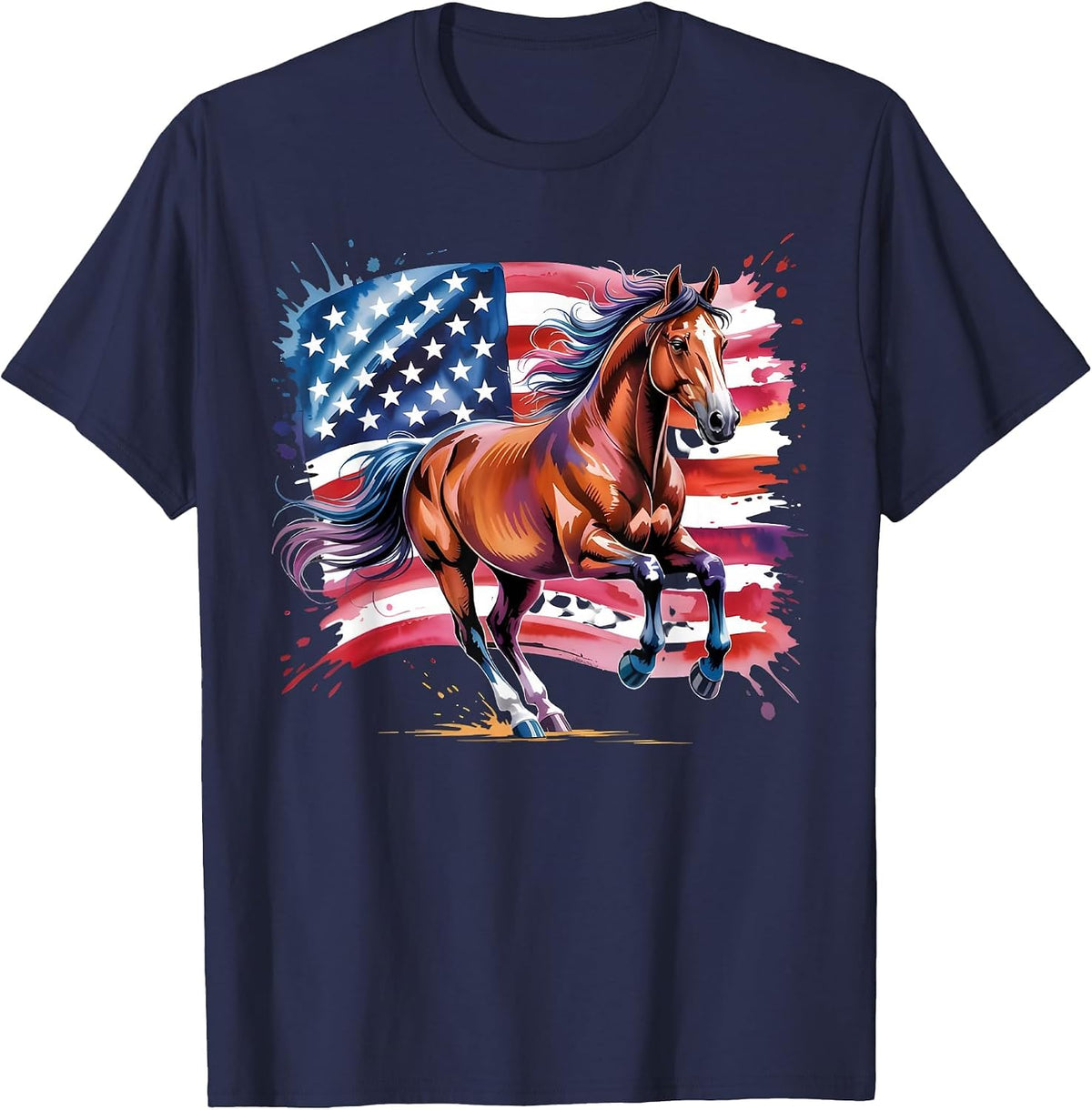 American Flag Patriotic Horse Lovers Fourth 4th of July T-Shirt - Navy Blue