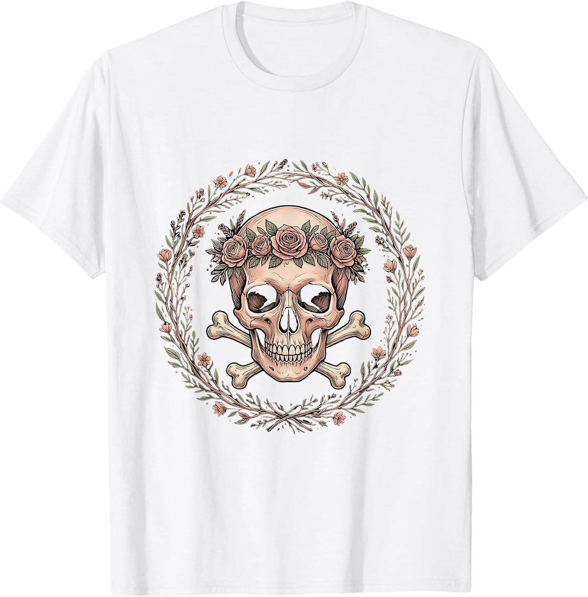 Men's Crowned Skull Crossbones Bold Gothic Art Design T-Shirt - White