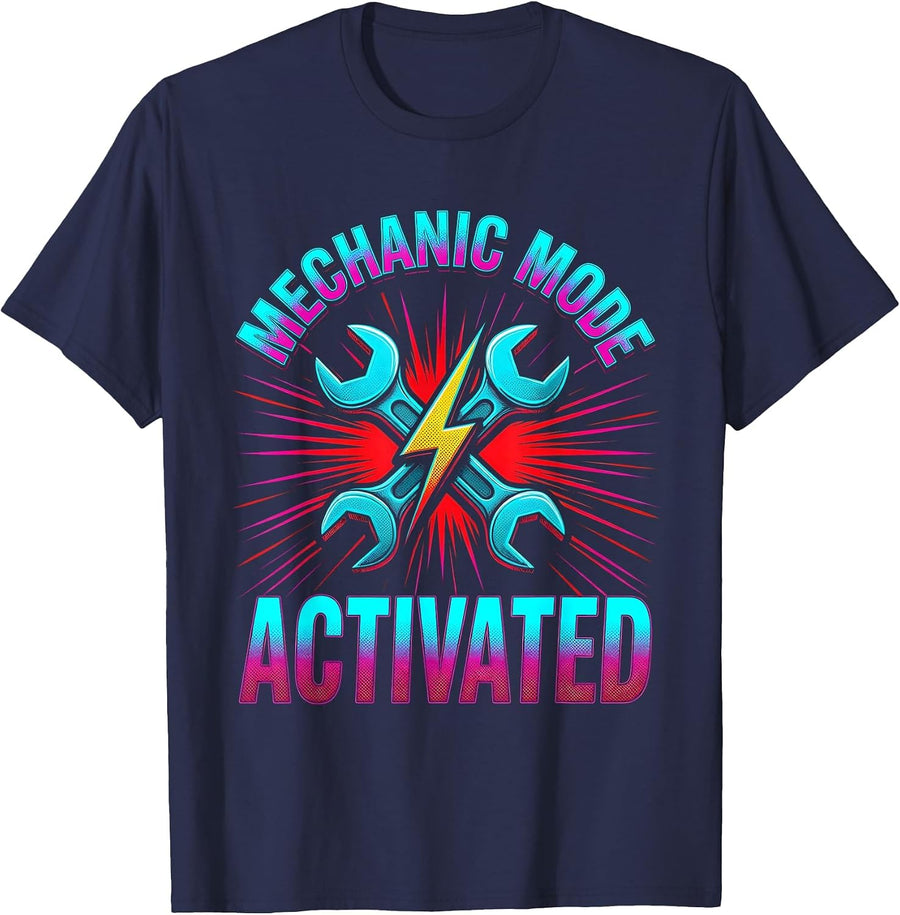 Mechanic Mode Activated Garage Design T-Shirt - Navy Blue