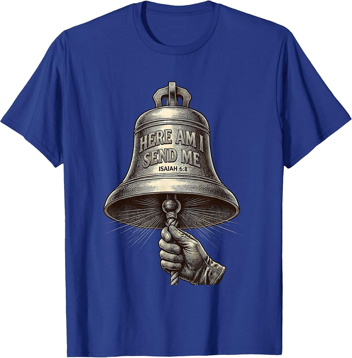 Men's Here Am I Send Me Isaiah 68 Crosshatch Etching Christian T-Shirt - Royal Blue