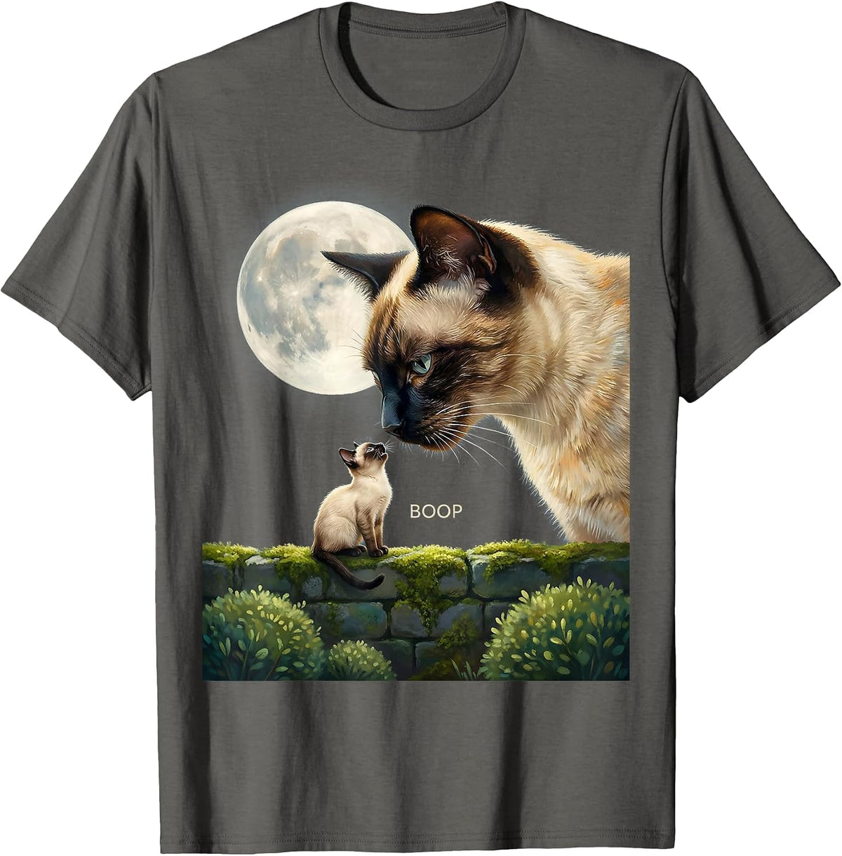Boop Siamese Cat Howling at Moon Fantasy Nostalgia T-Shirt - Asphalt Grey