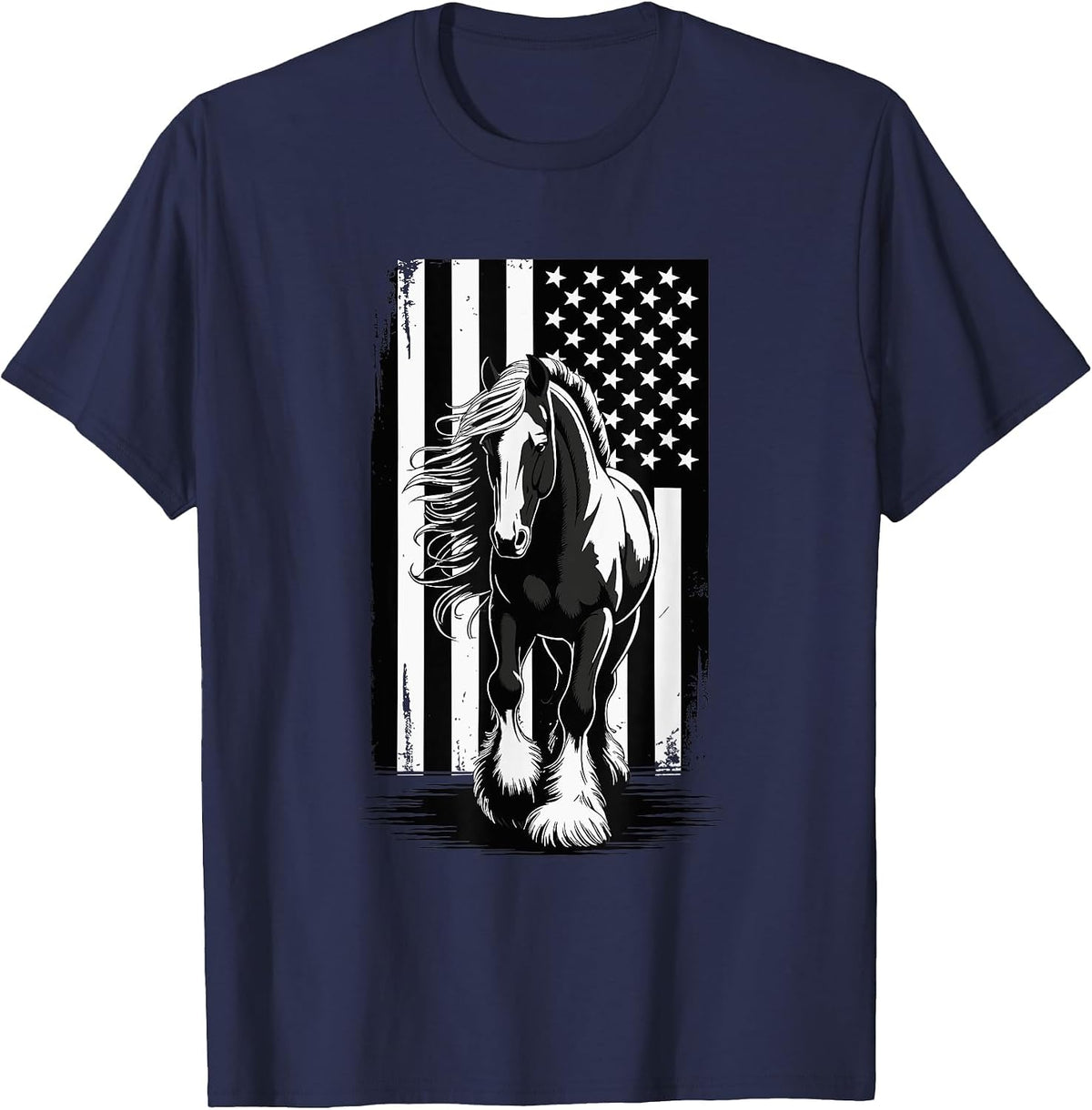 Patriotic Gypsy Vanner Draft Horse USA Flag Gypsy Cob T-Shirt - Navy Blue