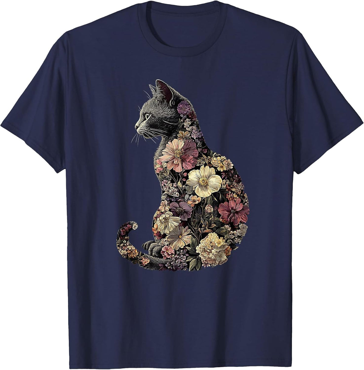 Floral Cat T-Shirt - Navy Blue