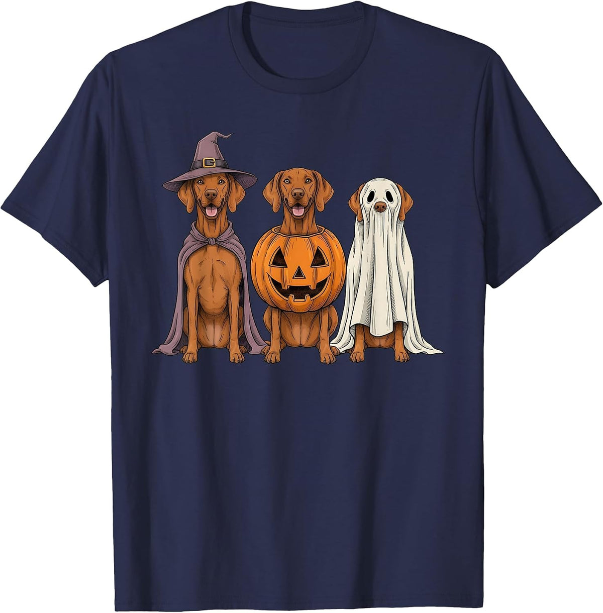 Spooky Ghost Vizsla Pumpkin Halloween Dog Lover T-Shirt - Navy Blue