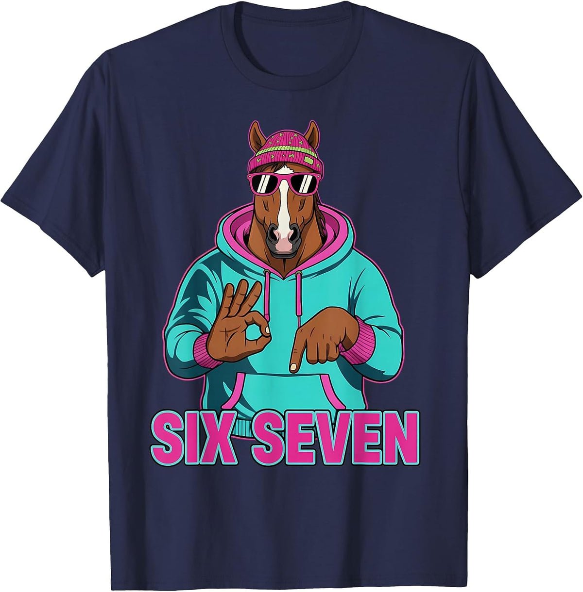 Six Seven Meme Cute Horse 67 Funny Gen Z Apha Slang T-Shirt - Navy Blue