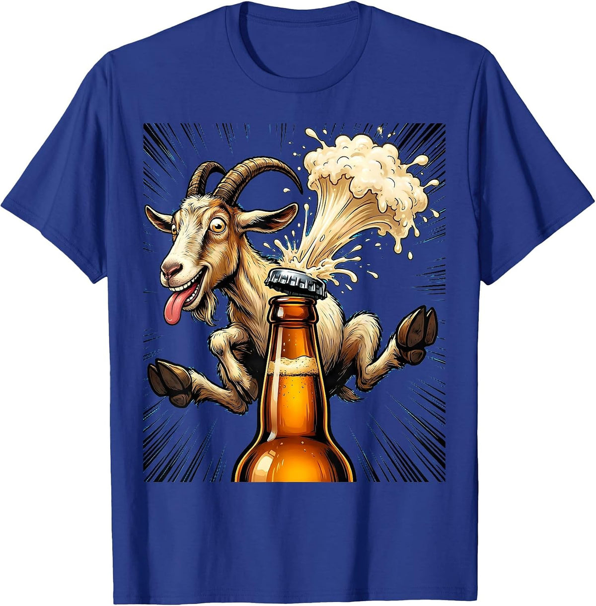 Goat Headbutts Beer Bottle Funny Drinking T-Shirt - Royal Blue
