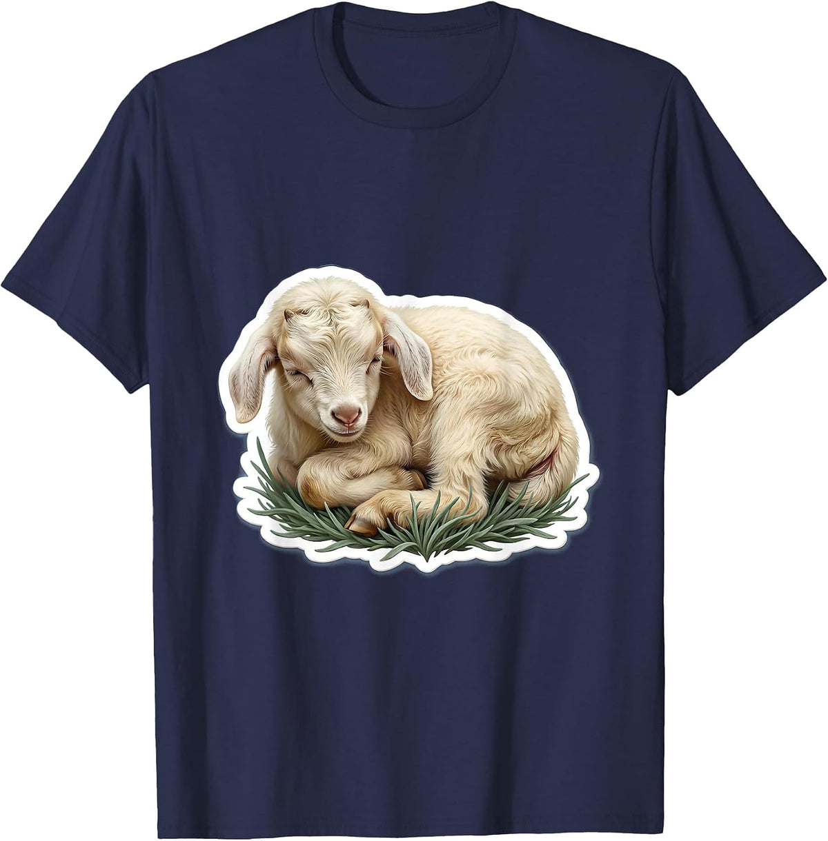Men's Sleeping Baby Goat Curled Up in Grass T-Shirt - Navy Blue