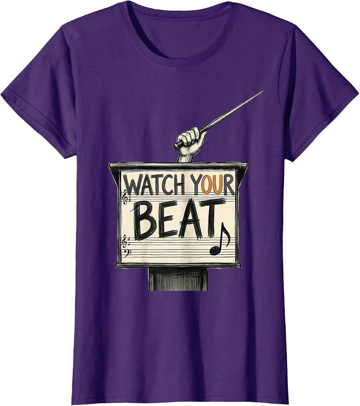Women's Watch Your Beat Hand-Sketched Music Teacher Humor Gift T-Shirt - Purple