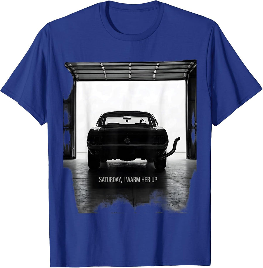 Saturday, I Warm Her Up Vintage Retro Muscle Car Racing T-Shirt - Royal Blue