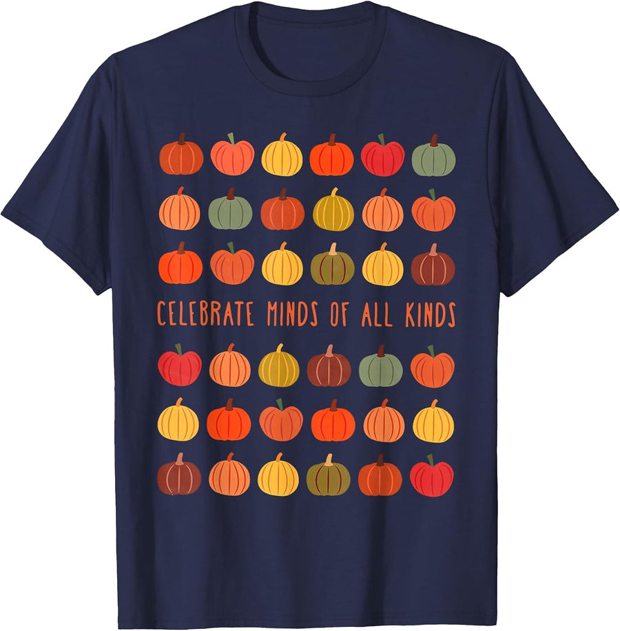 Celebrate Minds of All Kinds Pumpkin Fall Inclusion Autism T-Shirt - Navy Blue