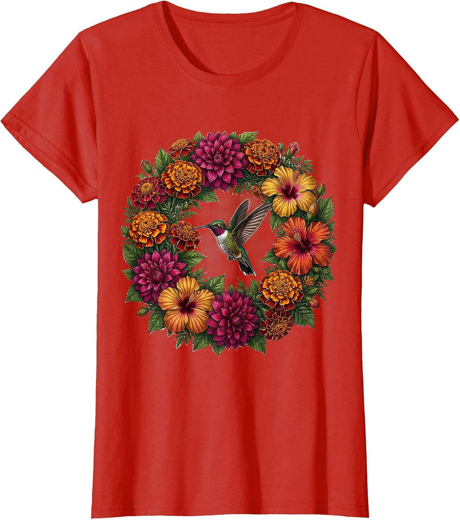 Women's Mexican Floral Wreath Hummingbird Design T-Shirt - Red