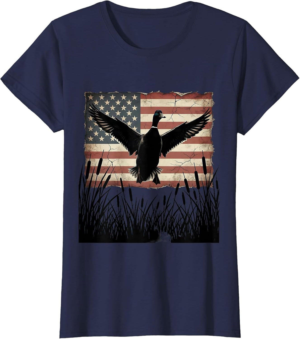 Women's Duck Flying Over Marsh Camo Hunting Design T-Shirt - Navy Blue