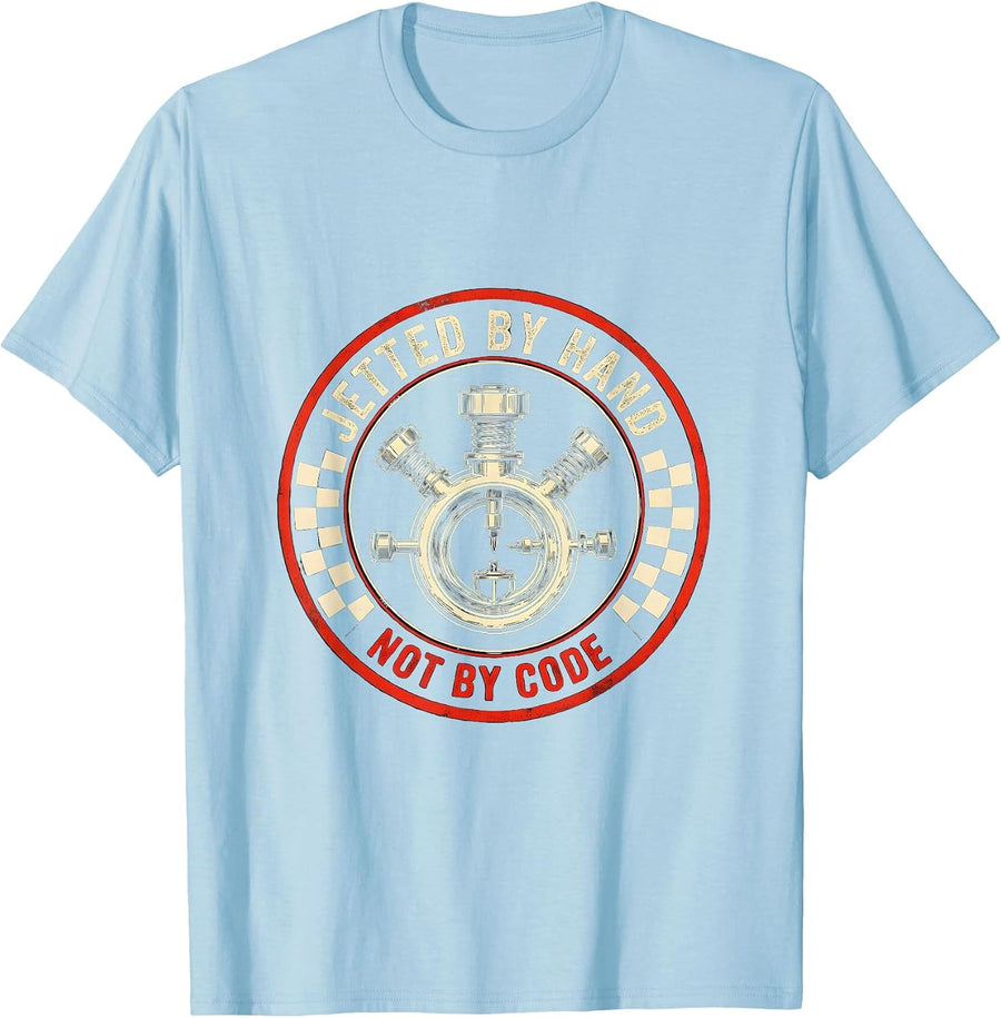 Men's Jetted By Hand, Not By Code Funny Vintage Classic Car Racing T-Shirt - Baby Blue