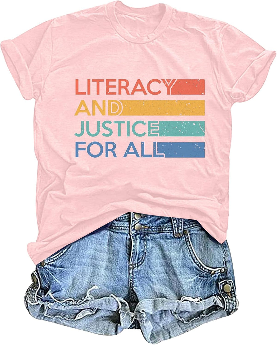 Reading Shirts for Women Cute Book Lover Gift Teacher T Shirt Literacy Education Letter Print Tee Tops - Pink