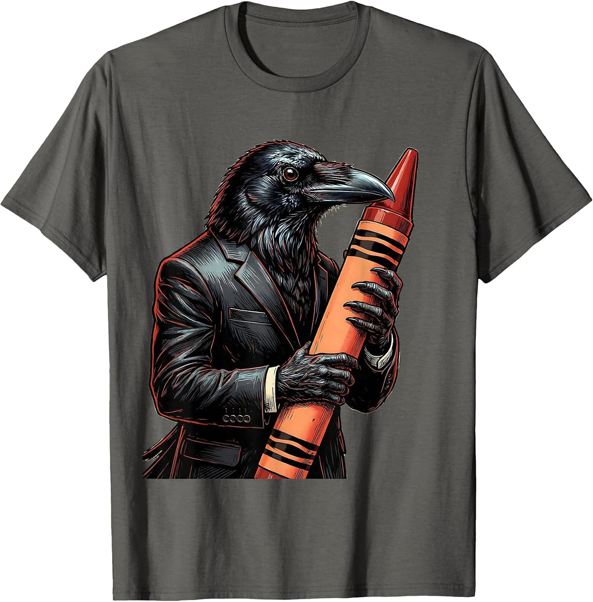 Men's Crow in Suit Holding Crayon Funny Adult Art T-Shirt - Asphalt Grey