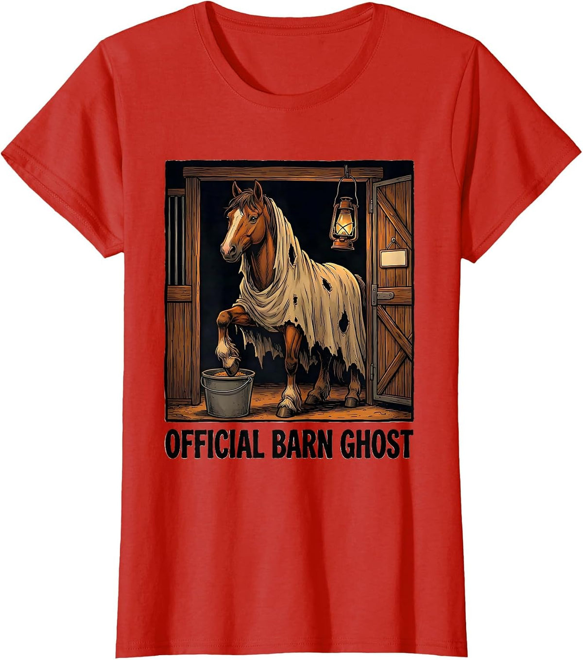 Official Barn Ghost Flat Cartoon Halloween Horse Lover Humor T-Shirt - Red