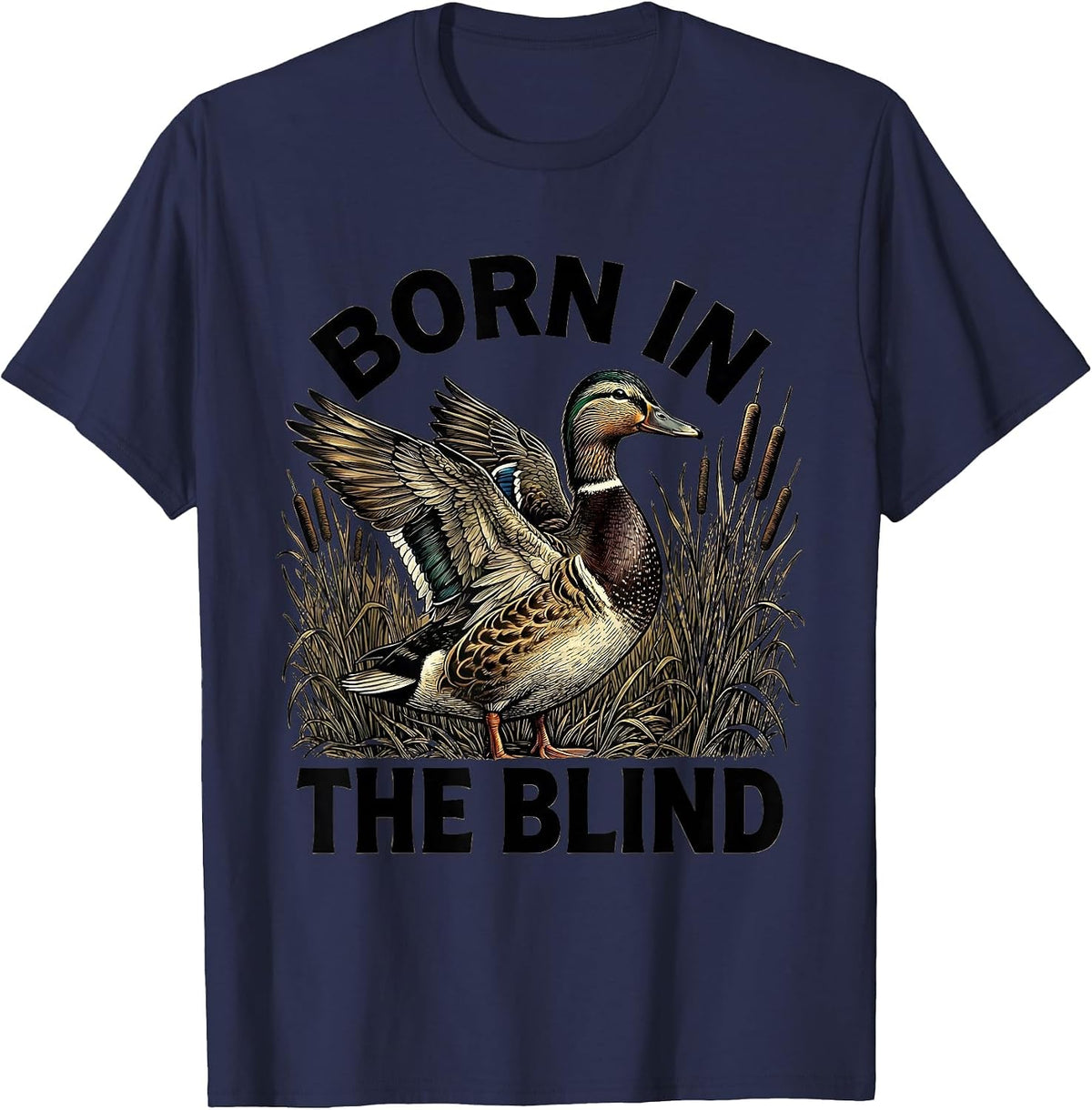 Men's Born in the Blind Duck Camo Hunting Design T-Shirt - Navy Blue