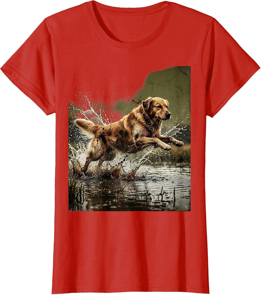 Women's Camo Duck Hunter Retriever Leaping Into Water T-Shirt - Red