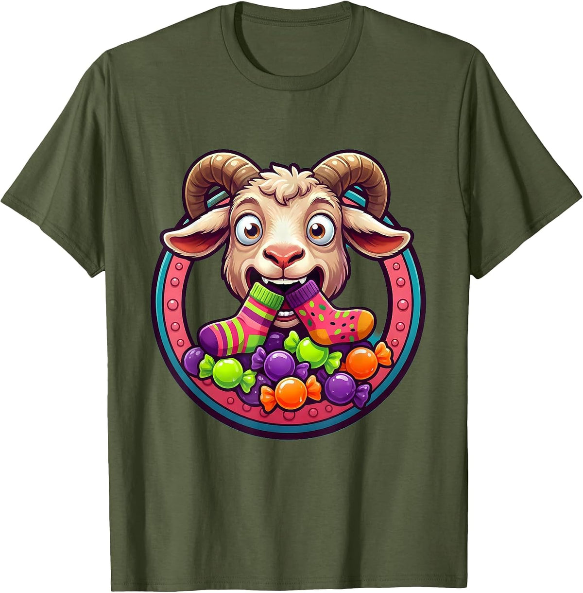 Funny Goat Eating Socks Silly Animal Illustration T-Shirt - Olive Green