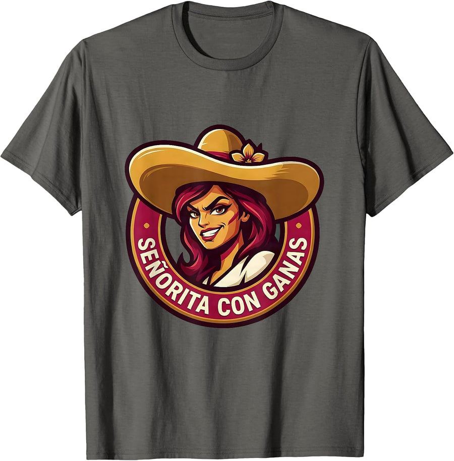 Seniorita Con Ganas Mexican Pride Design T-Shirt - Asphalt Grey