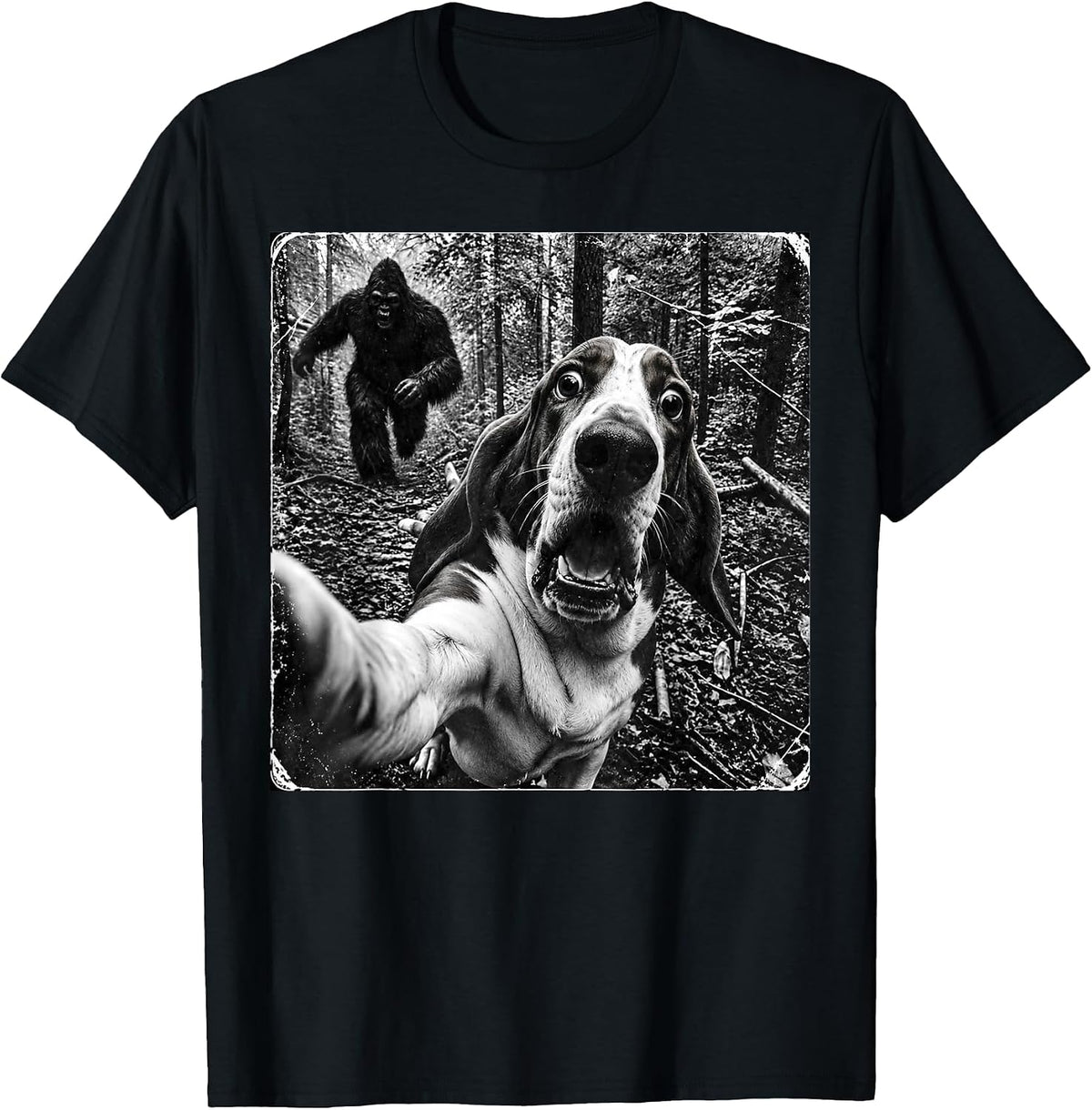 Funny Big Foot Running After Dog Selfie Forest Cryptid T-Shirt - As Pictured